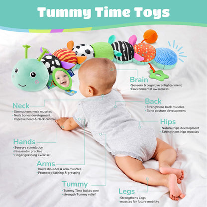 AWOTOY Baby Toys 6-12 Months Music Caterpillar Infant Toys Stuffed Animals 0-3-6 Months Teething Tummy Time Sensory Toys with Mirror Rattle&Pull String for Boys Girls Birthday Gifts|Tiffany Blue,Leafy