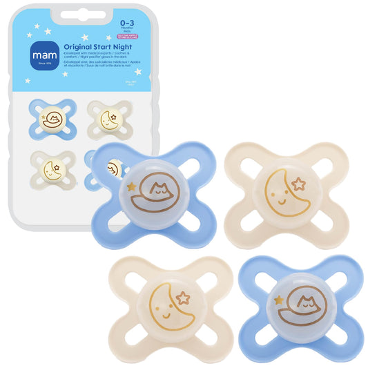 MAM Original Start Baby Pacifiers 0-3 Months, BPA-Free Skin Soft Silicone Nipple, Glows in The Dark, Developed with Medical Experts Specially for Smaller Newborn Mouths, 4 Pk, Made in Europe