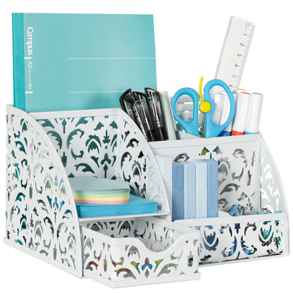EasyPAG Desk Organizer and Pen Holder for Desk, Mesh Office Supplies Storage Caddy with Drawer for Small Space, Desktop Organizer for Home Office, White