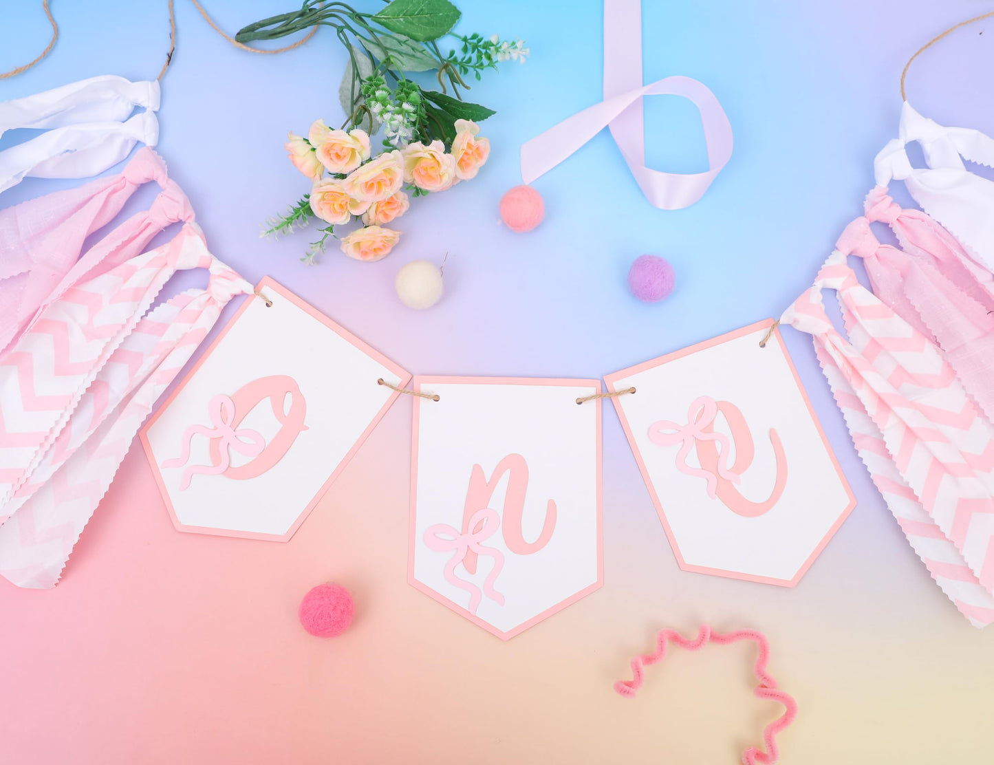Bow One High Chair Banner - Sweet 1st Birthday Decorations, Pink Princess Party Photo Backdrop, Girls Smash Cake Highchair Banner, First Birthday Fabric Garland