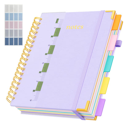 XYark Line Hardcover Spiral Notebook with Removable Dividers Tabs & Ruler, 5 Subject Notebook College Ruled, 300 Page, Large 8"x10" B5 Notebooks for Work School, Lined Journal for Women & Men, Light Purple