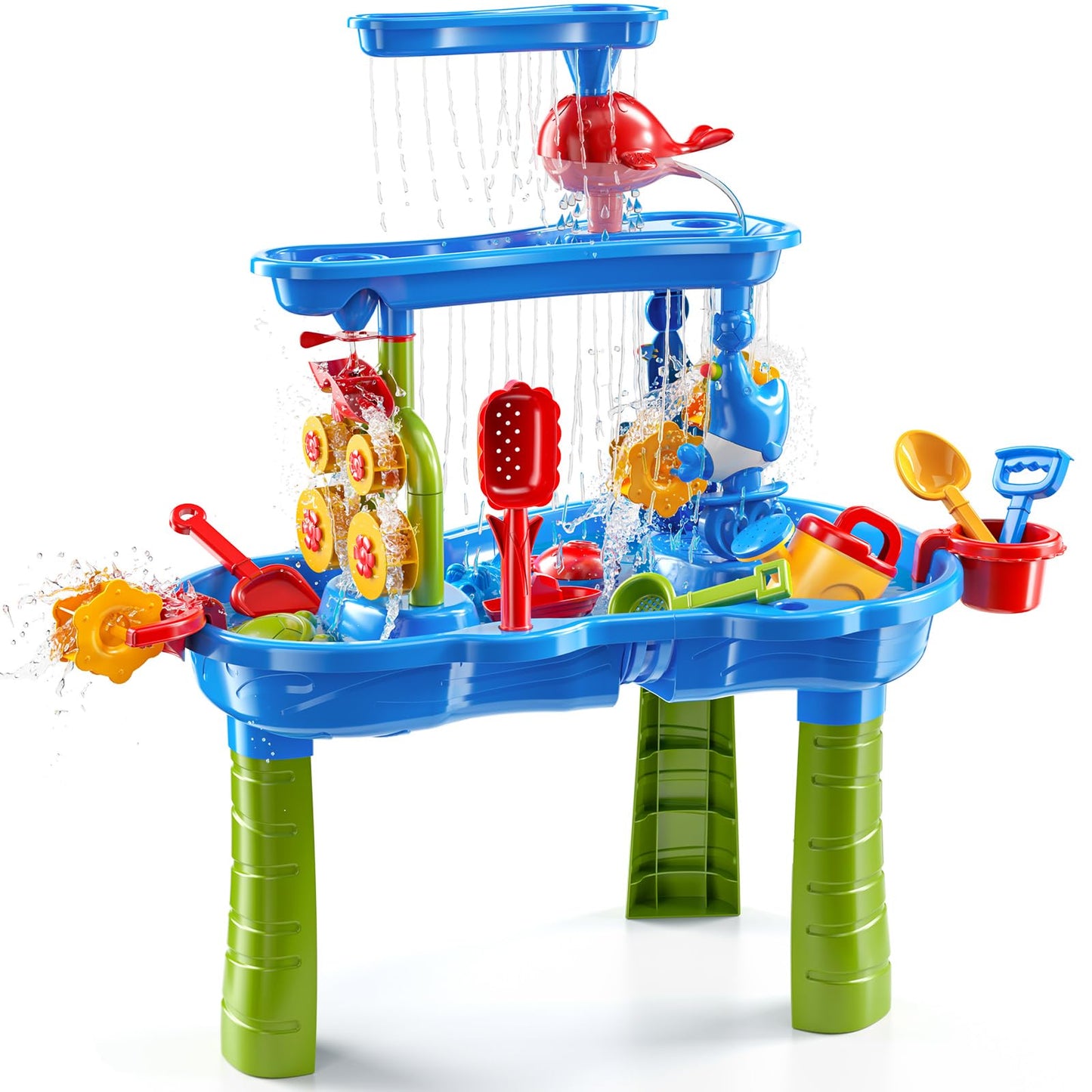 JUKUDAHU 3-Tier Sand and Water Table Toys for Kids Aged 3 4 5 6 7 8, Outdoor Activity Playset Sensory Play Table with Beach Toys Accessories Water Waterfall, Birthday Gifts for Toddlers 3-4 3-5 4-6