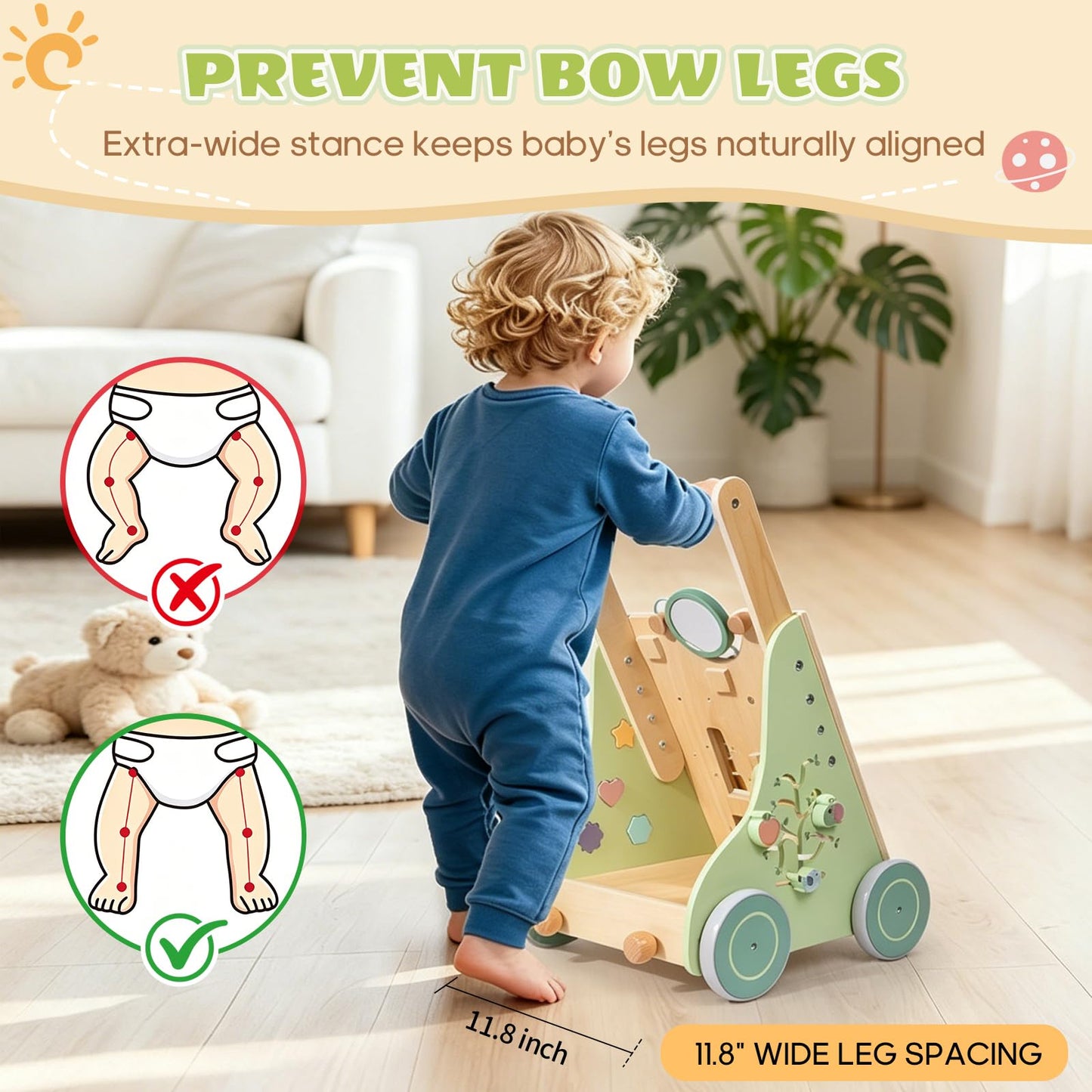 Brownroot Wooden Baby Walker with 10-in-1 Activity Center, Montessori Toddler Push Toy with Xylophone, Shape Sorter & Gears, Early Educational Learning Toy for 1+ Year Old Boys & Girls