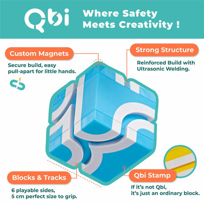 QBI STEM All-in-1 Toy Set with 6 Cars & 3D Tracks | Open Ended Educational Sensory Magnet Cubes | Montessori Toys, Magnetic Building Blocks for Boys & Girls (82 Pieces)