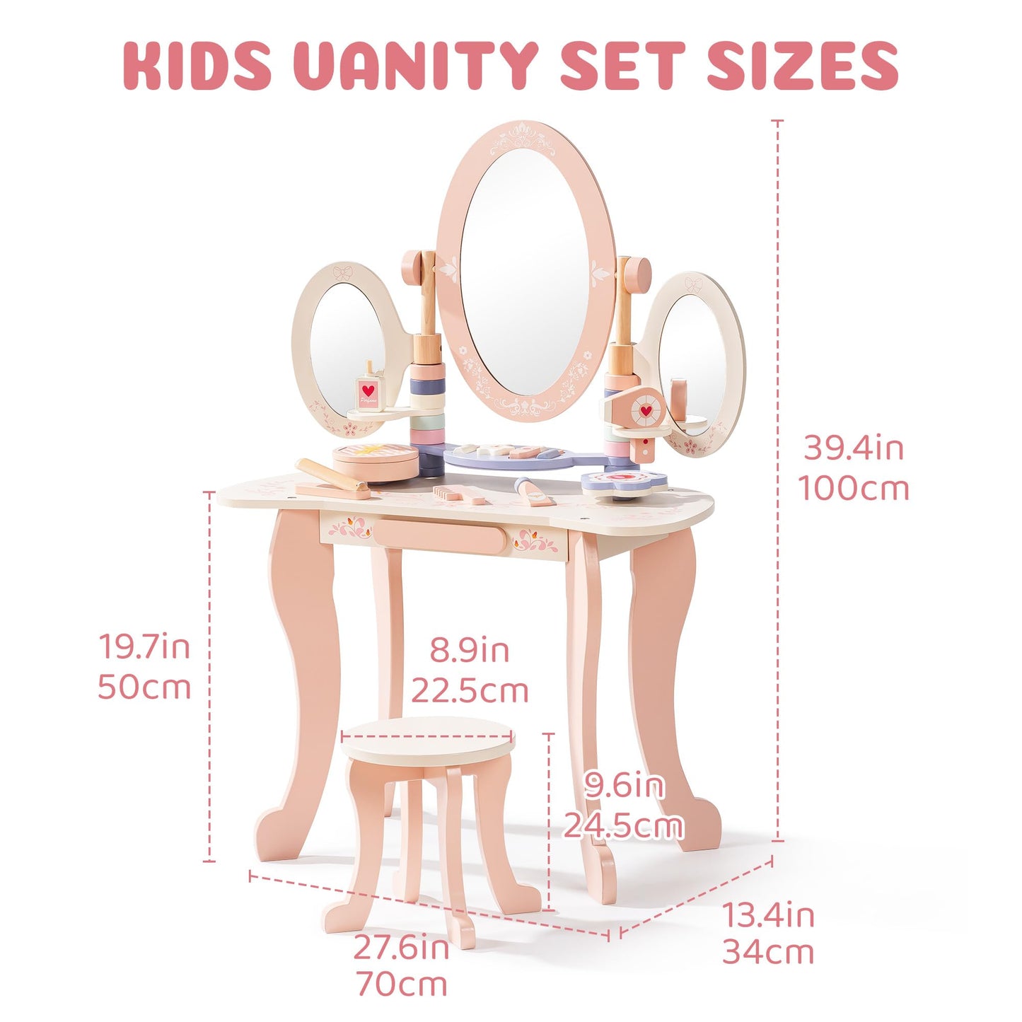 ROBOTIME Kids Vanity Set with Mirror and Stool – Wooden Pink Makeup Table with 11 PCS Accessories – Play Beauty Dresser with Mirrors, Drawer– Kids Vanity Table and Chair Set for Girls Ages 3+