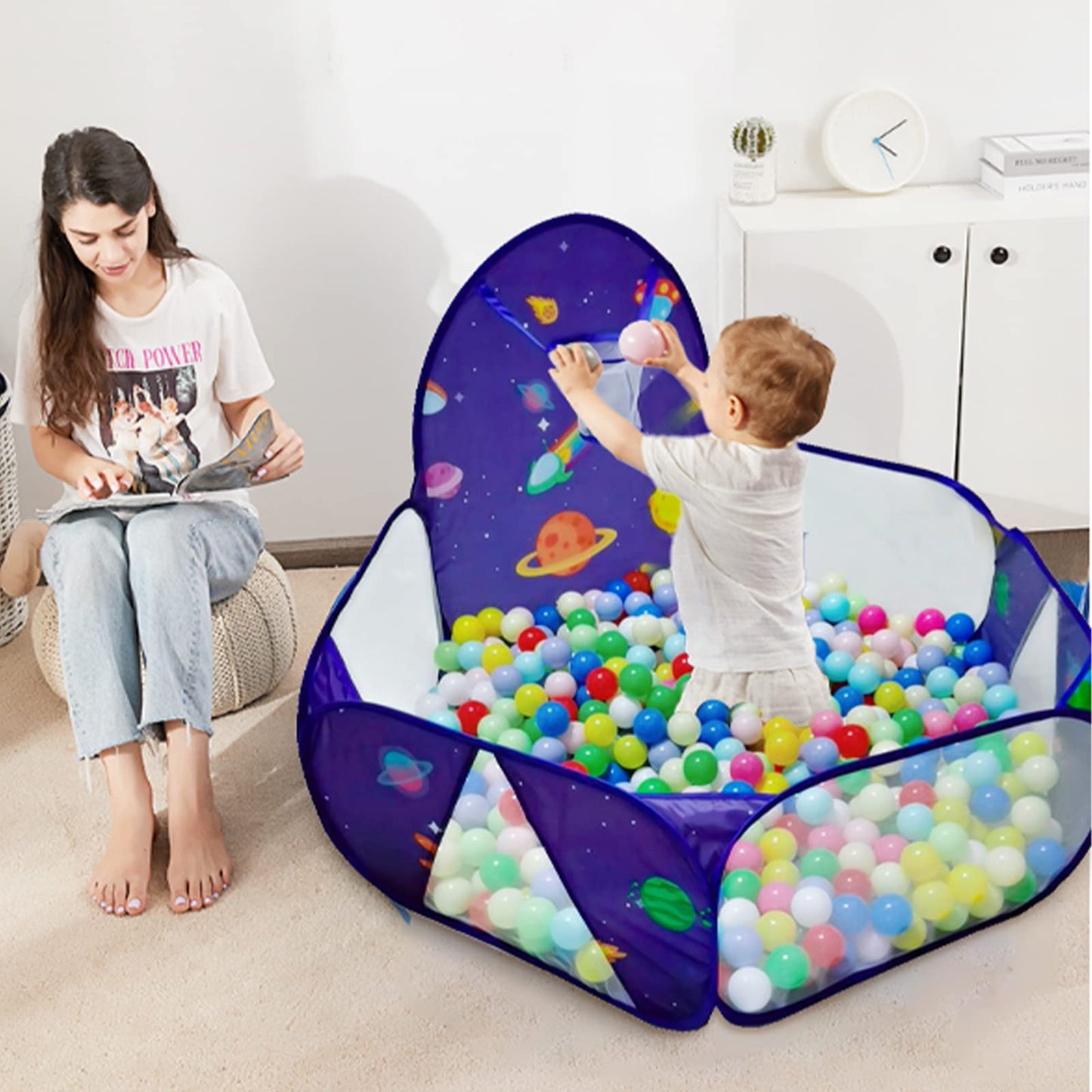 LOJETON Kids Ball Pit, Pop Up 3+Children Play Tent, Toddler Ball Pool Baby Crawl Playpen with Basketball Hoop, Portable Toys for Girls Boys, 4 ft / 120 cm, Balls Not Included, Spaceship