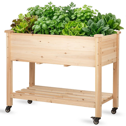Nature Crafted Raised Garden Bed with Lockable Wheels, 40x24x32 inch Elevated Wood Planter with Storage Shelf Protective Liner for Vegetable Flower Herb Outdoor Balcony Patio Backyard, Natural