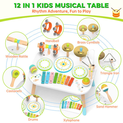 12-in-1 Drum Set for Toddlers 1-3,Baby Musical Instruments Table ,Wooden Montessori Toys with Xylophone,Bongo Drums,Cymbals,Maracas & Wrist Bells,Birthday Gift for 1 2 3 Year Old Boy Girls