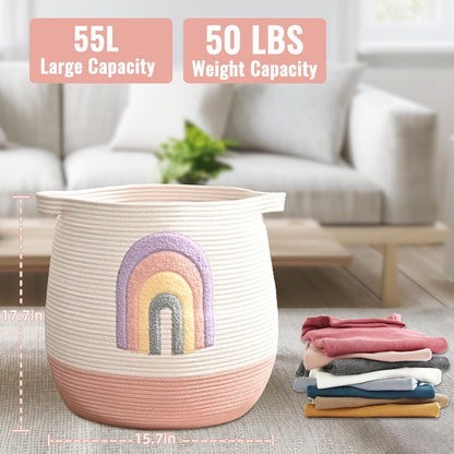 Large Baby Laundry Hamper, Rainbow Laundry Basket for Baby, Toy and Blanket Storage Basket for Nursery and Playroom, Cotton Rope Hamper for Kids, 17.7"x15.7"