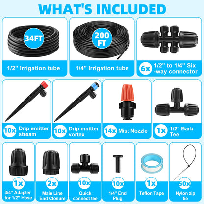 234FT Drip Irrigation System - Garden Watering System with Adjustable Three Spray Patterns with 1/2" Main Tube and 1/4" PE Distribution Tubing for Plants in Gardens, Raised Beds, Greenhouses, Lawns