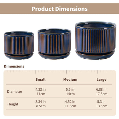 SURE YUESI Navy Blue Ceramic Plant Pots Set of 3 (4.3”+5.5”+6.7”), Indoor Striped Planters with Drainage Hole, Mesh Pads, Decorative Pots for Plants & Gardening