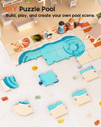 BIERUM Wooden Dollhouse, Large Modern Doll House with 44Pcs Furniture Accessories, Dolls & Pets, DIY Puzzle Pool Yard, Wood Dollhouse Toy for Toddlers 3+, Ideal Gift for Boys and Girls (Black)