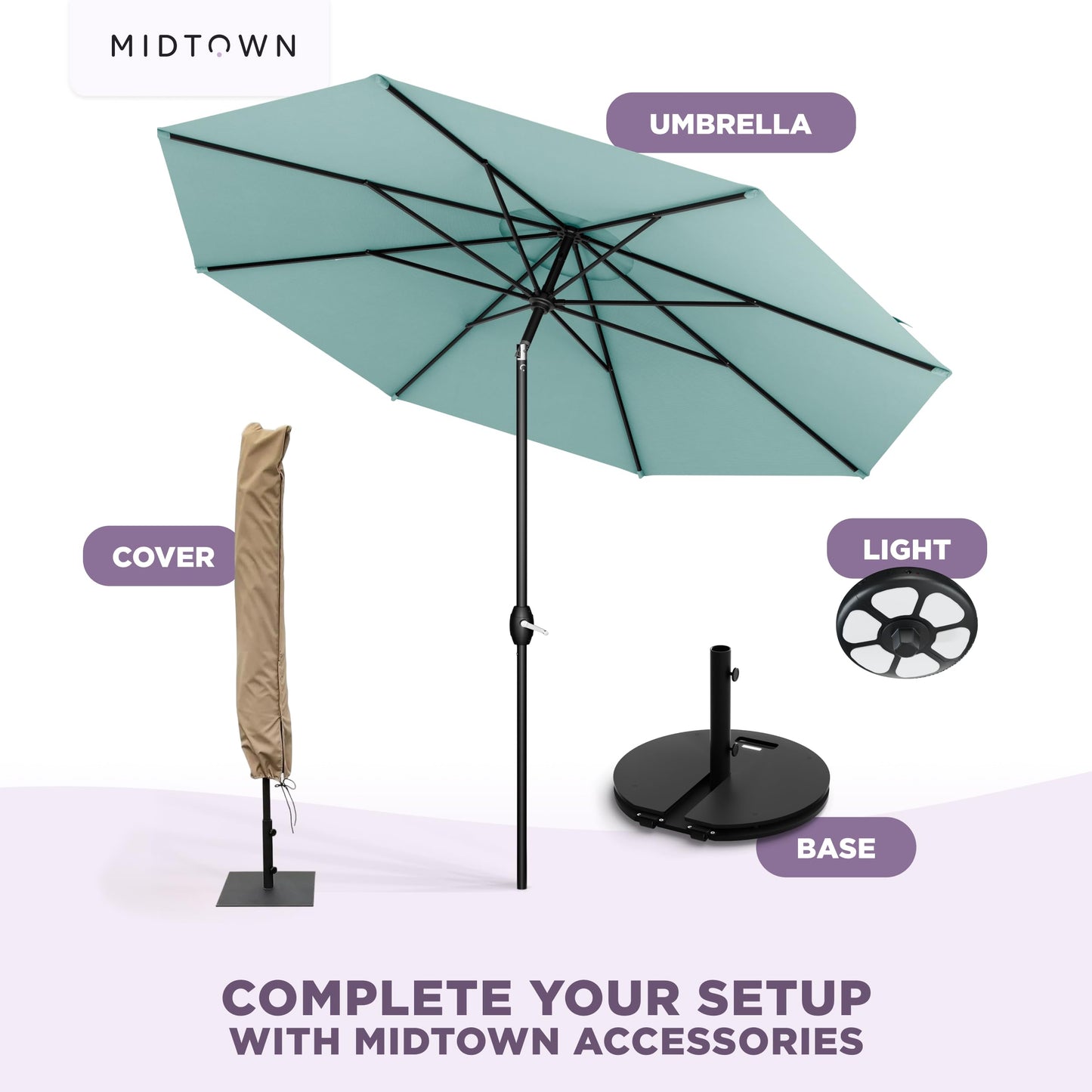 Midtown Umbrellas - 10-Year-No-Fade 9 Ft Patio Umbrella with Terylast Fabric, Auto-Tilt Aluminum Frame and 8 Reinforced Ribs for Deck, Pool, Garden & Beach - Aqua Canopy, Black Pole
