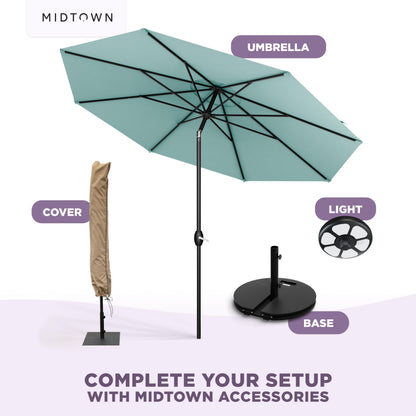 Midtown Umbrellas - 10-Year-No-Fade 9 Ft Patio Umbrella with Terylast Fabric, Auto-Tilt Aluminum Frame and 8 Reinforced Ribs for Deck, Pool, Garden & Beach - Aqua Canopy, Black Pole