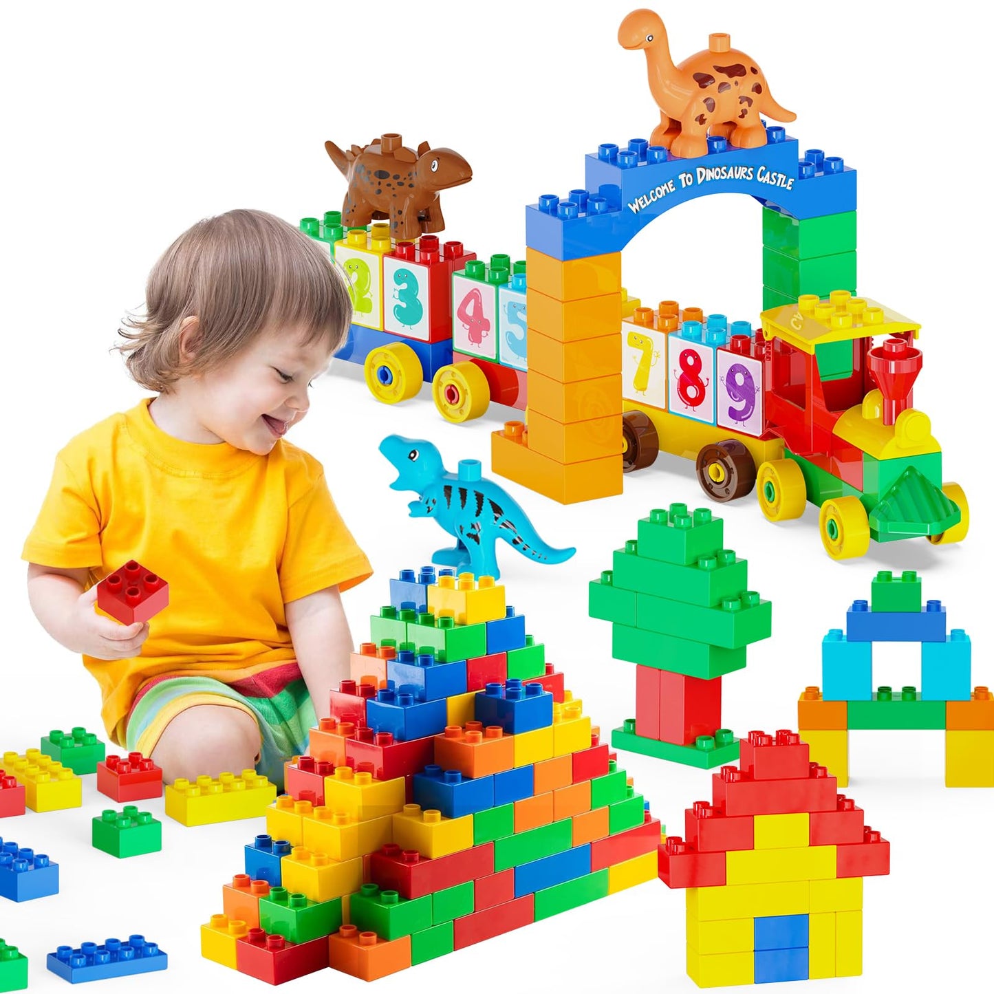 Anpcso Building Blocks for Toddlers 2-5 Including Dinosaurs Cars, 116-piece Large Classic Building Bricks Set, Educational Toys for Children Boys Girls All Ages, Compatible with All Major Brands