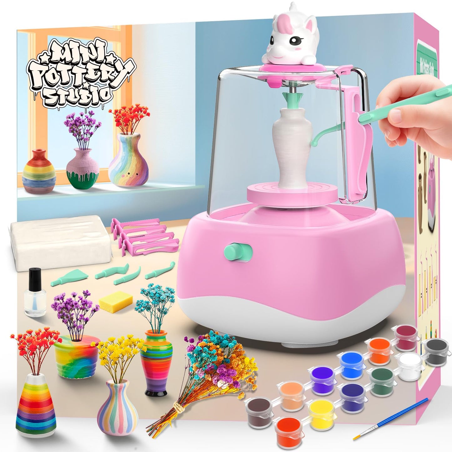 Mini Pottery Wheel for Kids - Pottery Painting Craft Kit with 2.3in Turntable, Clay, Flowers, Mess Free Arts and Crafts for Kid Ages 8-12, Birthday Christmas Gift Toy for Girls Ages 6-12+, Pink