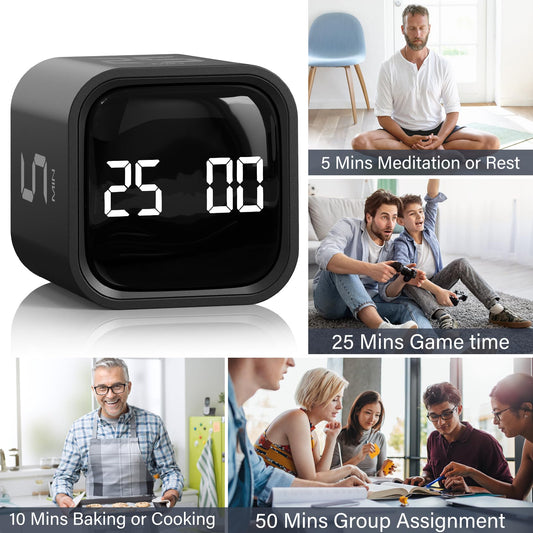 Rotating Pomodoro Timer 5, 25, 10 50 Minutes Preset, Desk Productivity Flip Timer, ADHD Tool Cube Countdown Stopwatch, Vibration/High/Low Volume/Custom Modes, for Work, Study, Back to School, Kitchen