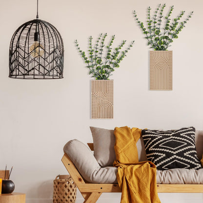Ninehaoou 2 Pack Modern Farmhouse Wall Decor Wood Planter Vase with Artificial Eucalyptus Farmhouse Bohemian Hanging Wall Decor for Bathroom Dinning Room Living Room Hallway Bedroom(Brown)