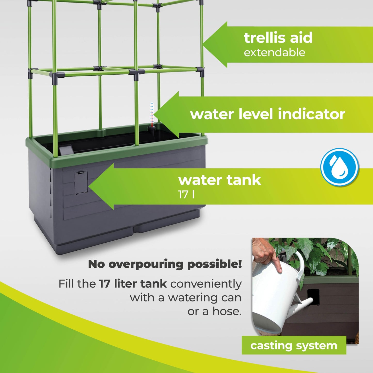 BioGreen Raised Garden Bed with Trellis CITY JUNGLE | 8.98 gal | 13“L x 24“W x 63.4“H | Integrated Irrigation System | Grey Self-Watering Planter Box
