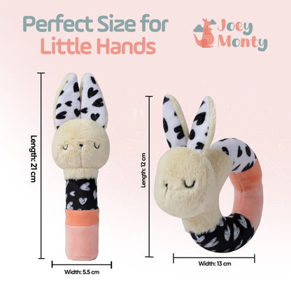 Bella Bunny Baby Rattle Toys - Rattles for Babies 0-6 Months High Contrast Baby Toys for Newborn Gifts - Ultra-Soft Sensory Toy Stick and Circle Baby Rattles 0-6 Months (2-Pack)