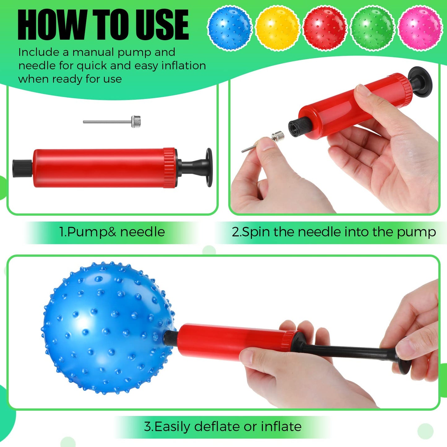 Jerify 64 Pieces 6.3 Inch Knobby Balls for Kids Sensory Balls with Air Pump Small Inflatable Bouncy Soft Spiky Toddler Bounce Party Favors Summer Beach Pool Baby Massage Stress Play Set, 5 Colors