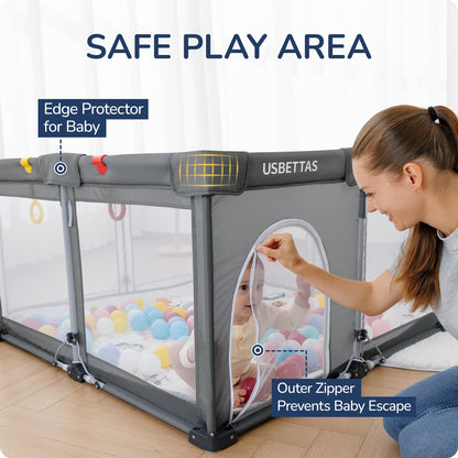 usbettas Foldable Baby Playpen, 1-Minute Setup, Lightweight Portable Playpen with Carry Bag, 50"x50" Indoor Outdoor Safty Play Yard for Babies & Toddlers, Dark Gray