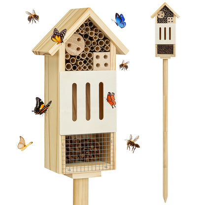 Bee House Bug Hotel & Butterfly House with Stake, Handcrafted Wooden Ladybug Hotel, Natural Insect Habitat for Garden, Patio, or Yard, Attracts Pollinators, 10.4 x 5.5 x 3.2 Inches,25 inches Stake