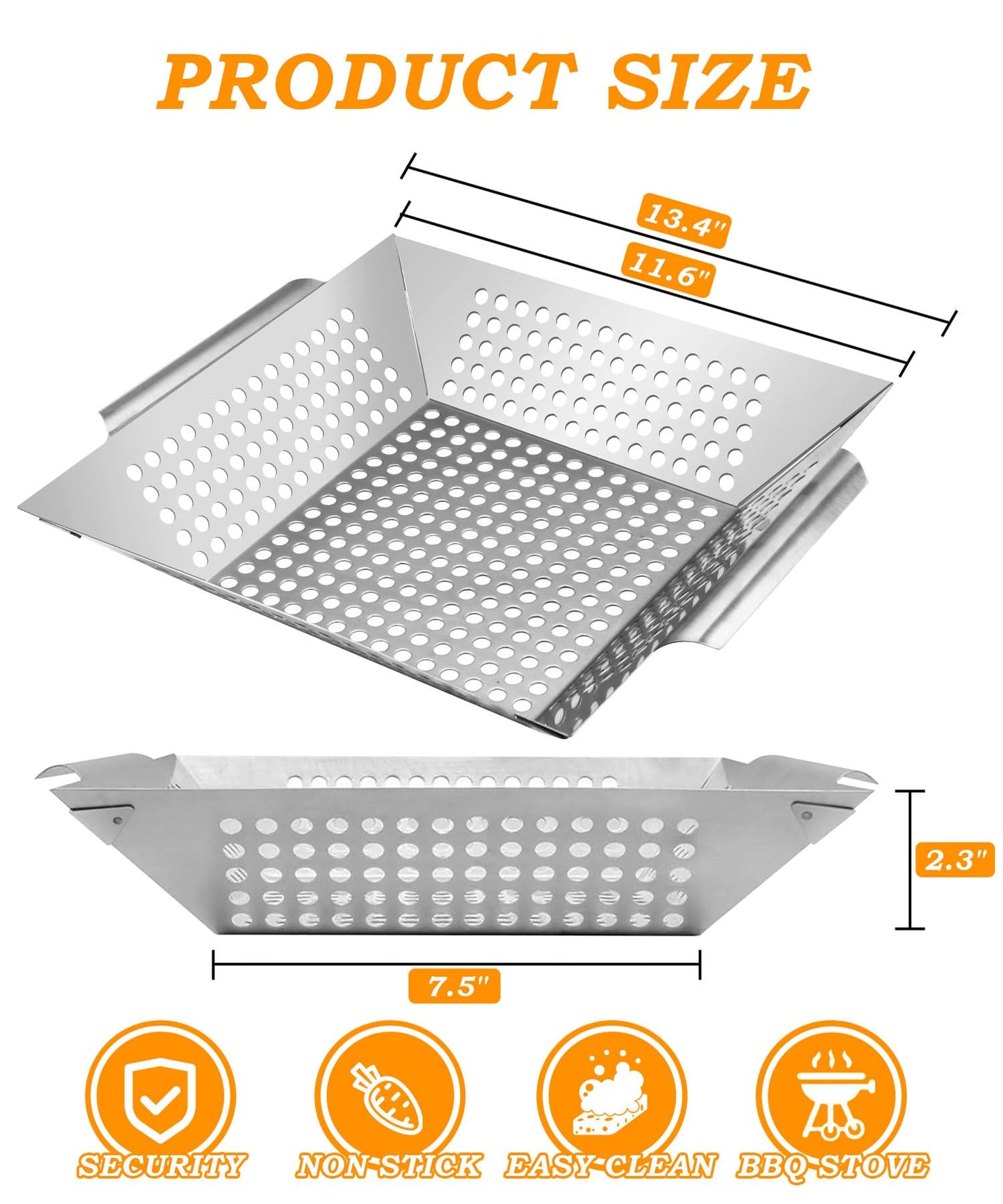 Foedo Grill Basket for Outdoor Cooking 13.4 Inch, Stainless Steel Vegetable & Fish Grilling Tray with Handle, Nonstick Dishwasher Safe BBQ Accessories for Camping, Backyard BBQ