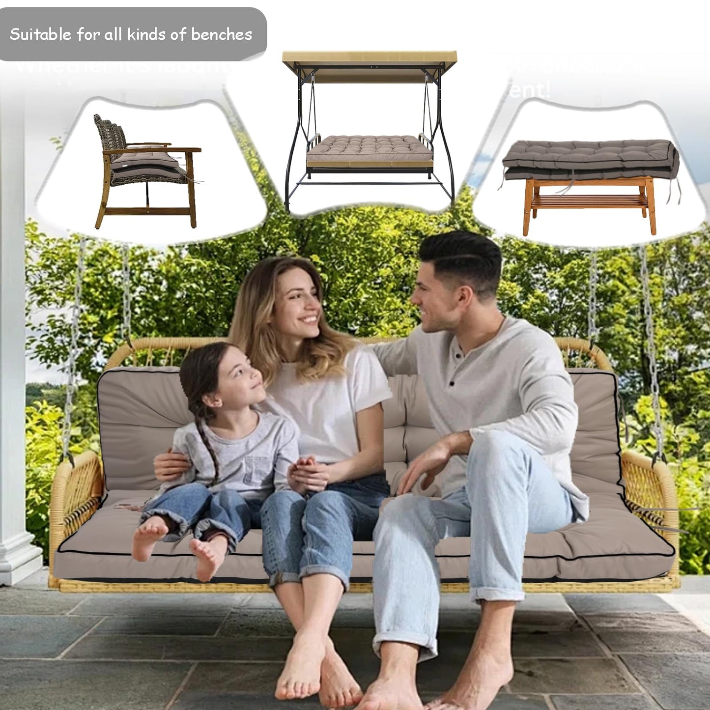 VKETU Porch Swing Cushion Three Seat, Waterproof Swing Cushions Replacement with Backrest, Outdoor Garden Furniture Patio 4" Thickened Cushions with Ties (Khaki, 40 x 55in)