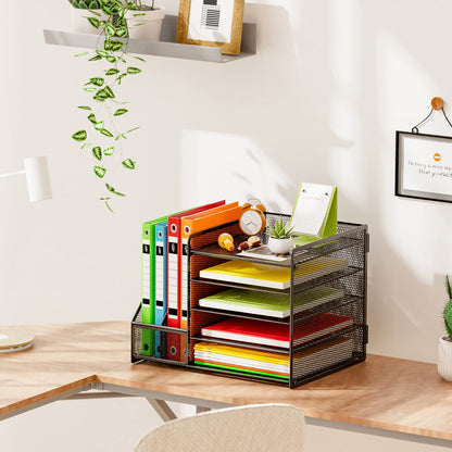 Marbrasse Desk Organizer with File Holder, 5-Tier Paper Letter Tray Organizer, Mesh Desk Organizers and Accessories with Magazine Holder, Desktop Storage for Office Supplies (Black)