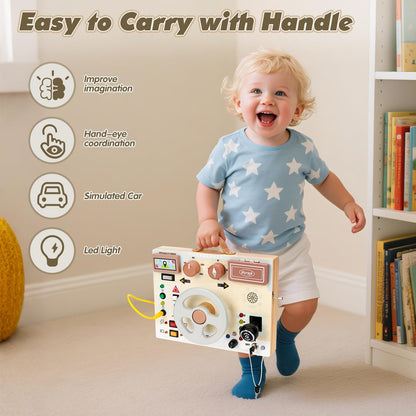 Joyreal Toddler Busy Board with LED Lights, Steering Wheel, Sounds, Montessori Toys for 1+ Year Old, Fidget Board Sensory Travel Toy, Gifts for Boys and Girls