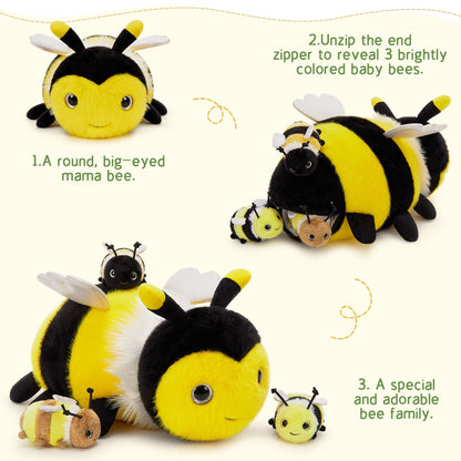 MorisMos 4Pcs Bee Stuffed Animal with Baby Inside 15 Inch, Luminous Mommy Stuffed Bee Plush Toy Set, Cute Bumblebee Surprise Toys Gift for Kids Girls Boys Birthday, Glow in The Dark