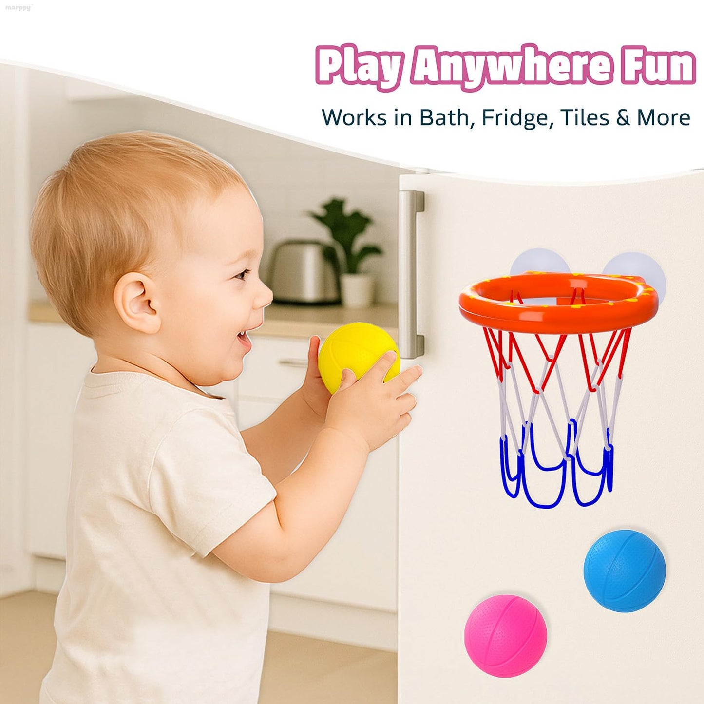 MARPPY Bath Toys - Bathtub Basketball Hoop for Toddler Kids - Bath Toys Mold-Free with Strong Suction Cups and 3 Colorful No-Hole Balls - Fun Shower Toys and Bathtub Toy for Toddlers