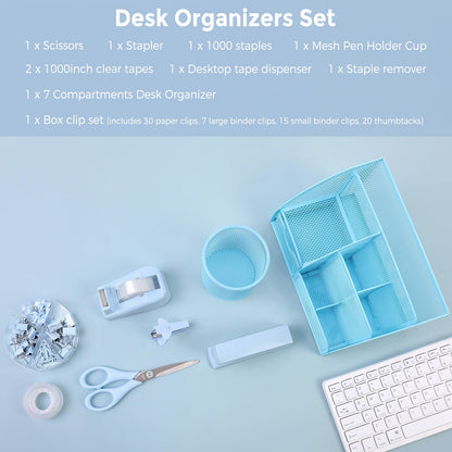 SKYDUE Blue Office Supplies Set, Office Desk Accessories, Mesh Desk Organizer, Stapler, Tape Dispenser, Scissors, Binder/Paper Clips and 1000pcs Staples, Office Supplies for Teacher