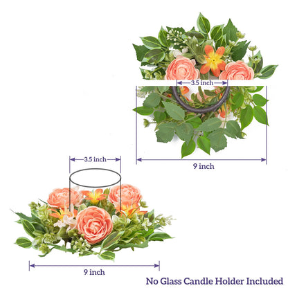WELL KNOWN 2 Pcs Mini Spring Floral Candle Rings Wreaths for Pillars Home Table Window Decor, 9 Inches Artificial Flower Cabinet Wreath for Kitchen Farmhouse Wedding Party (Peach Ranunculutus)