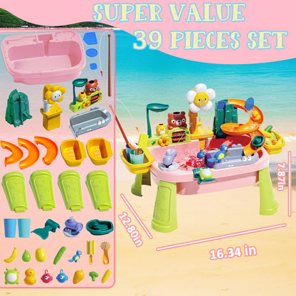 Water Table for Toddlers 1-3, Water Toys for Kids Ages 4-8, Play Sink with Electric Pump Kitchen Play Food Fishing Game, Summer Outdoor Toys Sand Activity Sensory Playset Girls Boys, Pink