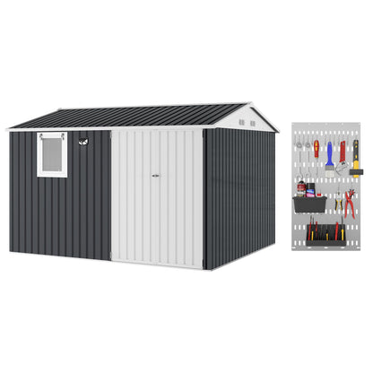 10x8FT Outdoor Storage Shed with Pushable Window, Metal Garden Shed with Sloping Roof,Breathable Vent and Lockable Doors, Steel Tool Shed for Patio Garden, Garage, Backyard, Poolside