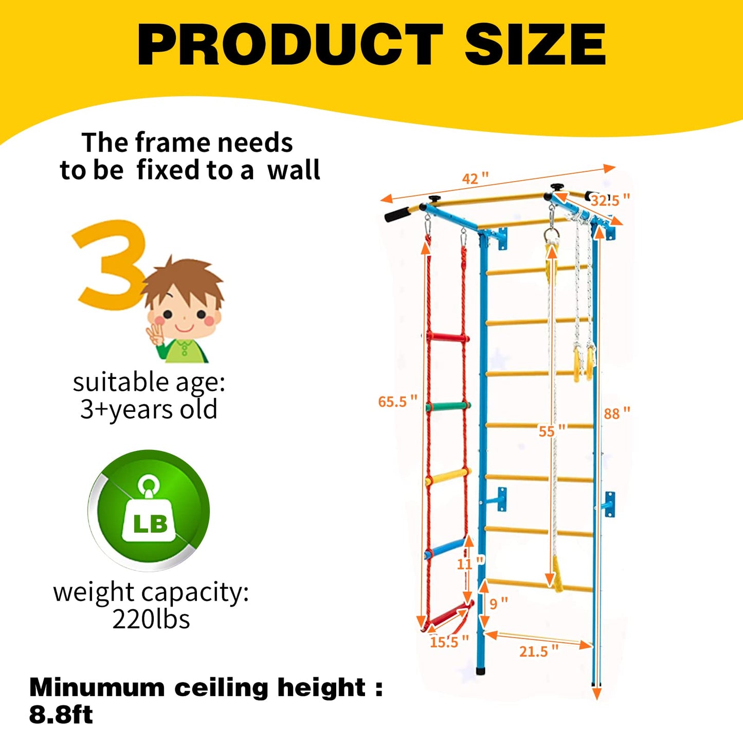 TONGMO Indoor Climbing Playground, Jungle Gym for Kids, Metal Swedish Ladder & Climbing Wall Playset, Sturdy Playground with Rope Ladder, Pull-up Bar, and Gymnastic Rings