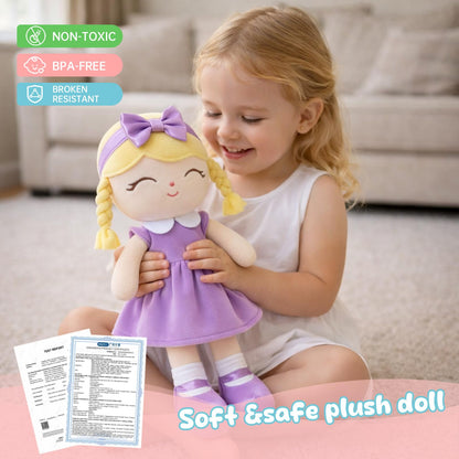 Jumbrace Soft Baby Doll Toys 16inch, Baby Rag Doll for One Year Old Girl Birthday Gift,Princess Style Plush Toys for Toddler Kids Infants (Purple)