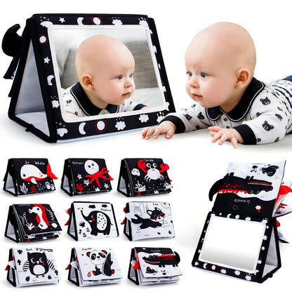 Yohome Black and White Baby Books for Newborn, Tummy Time Mirror, Baby Mirror Infant Toys with Soft Cloth Book, High Contrast Baby Toys, 3D Activity Crinkle Pages Sensory Tummy Time Toys for Babies