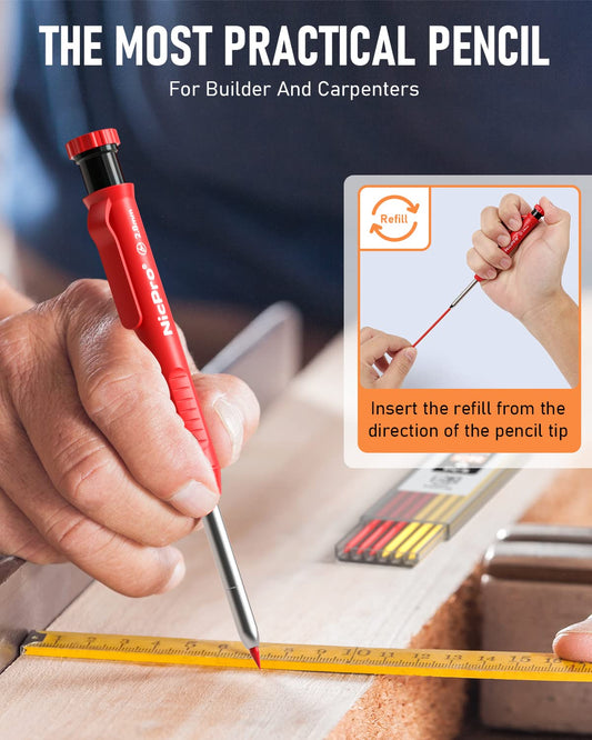 Nicpro Carpenter Pencil with Sharpener, Mechanical Pencils Set with 26 Refills, Deep Hole Marker for Construction, Heavy Duty Woodworking Tools for Architect (Black, Red) - With Case