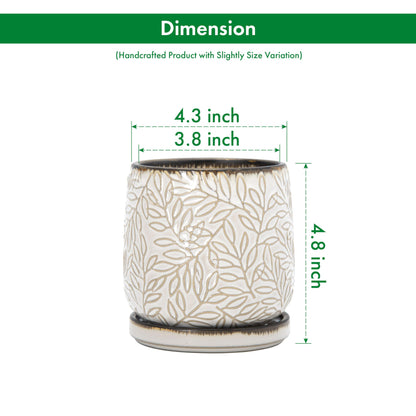 D'vine Dev 4 Inch Embossed Leaves Stoneware Planter Pot with Drainage Hole and Saucer, Smoked White, Set of 2, 27-F-Z-1