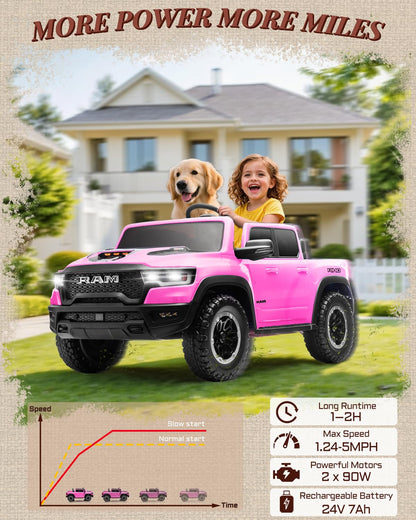 First Ride On 24V Ride On Toys for Big Kids, RAM 1500 2 Seater Ride on Car w/Remote, Battery Powered Truck w/ 4 Wheels Suspension, Toddler Car w/Bluetooth, LED Lights, Trunk