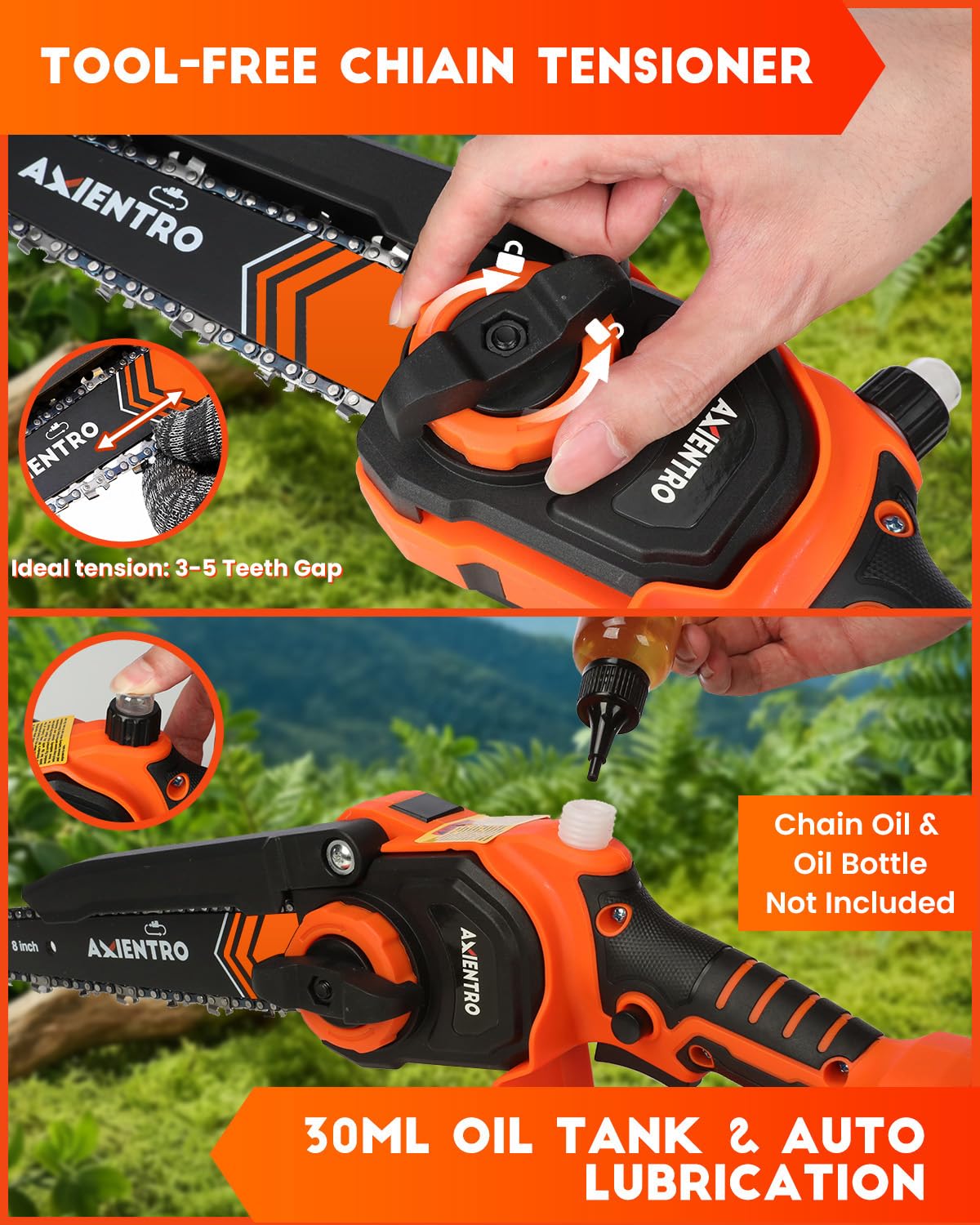 Axientro Electric Pole Saws for Tree Trimming, 2-in-1 Bruless Motor Mini Chainsaw & Pole Saw, 8-in Electric Chainsaw Cordless with Extendsion Pole, 2x4000mAh Li Batteries & Charger, 16FT Max Reach