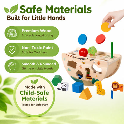 Humerry Montessori Busy Box for Toddlers 1-3, Wooden Object Permanence Coin Box with Shape Sorter & Animal Matching, Sensory Fine Motor Learning Toy with Wobble Base, Gift for 1 2 3 Year Old