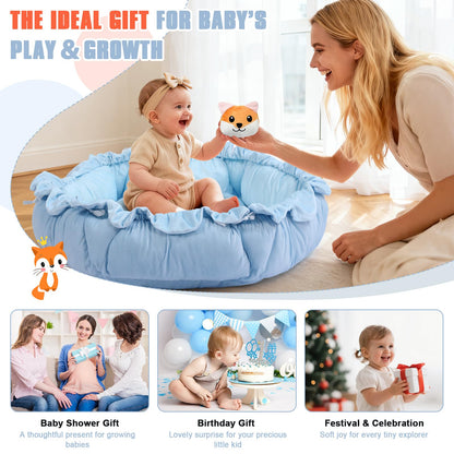 5-in-1 Baby Gym Play Mat with Cartoon Pattern, Extra Thick Plush Tummy Time Activity Gym with Hanging Toys, Sensory Development & Motor Skills Training Floor Mat, Fox
