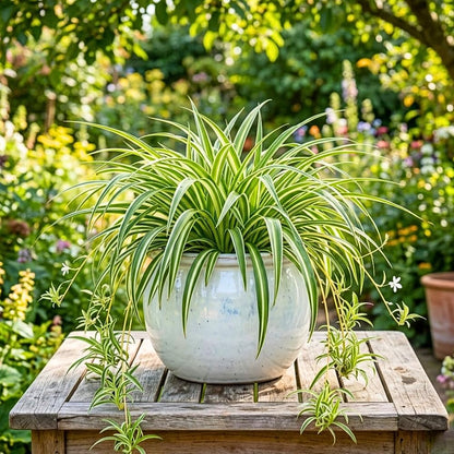 Variegated Spider Plant Live, 4-6" Tall in 4" Pot, Chlorophytum Comosum Indoor Houseplant, Variegated Green and White Leaves, Fully Rooted, Suitable Home and Office Decor