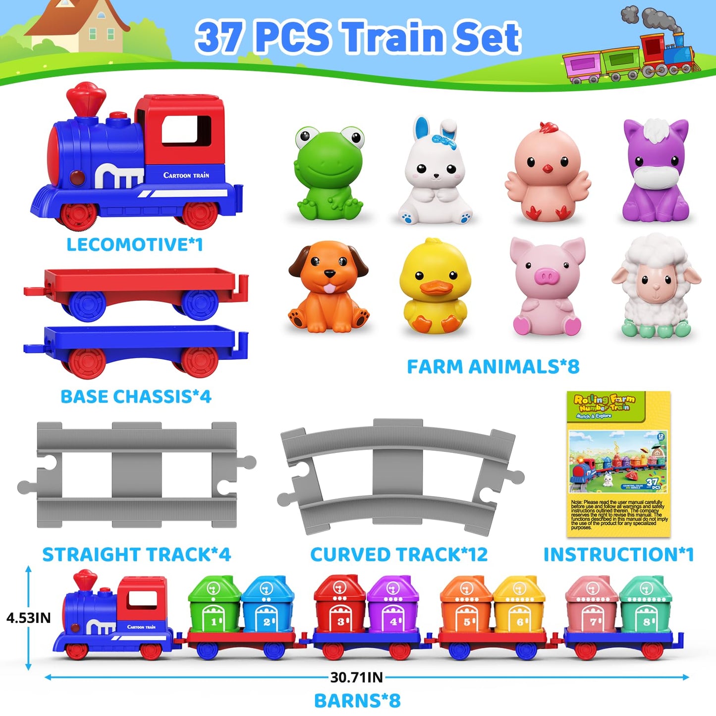 Cmiolacuna Train Set for Toddlers 2-4, Electric Toy Train with Farm Animals & Music & Lights, Montessori Counting & Sorting Learning Toys for 1 2 3 Year Old Boys Girls, Christmas Easter Birthday Gift