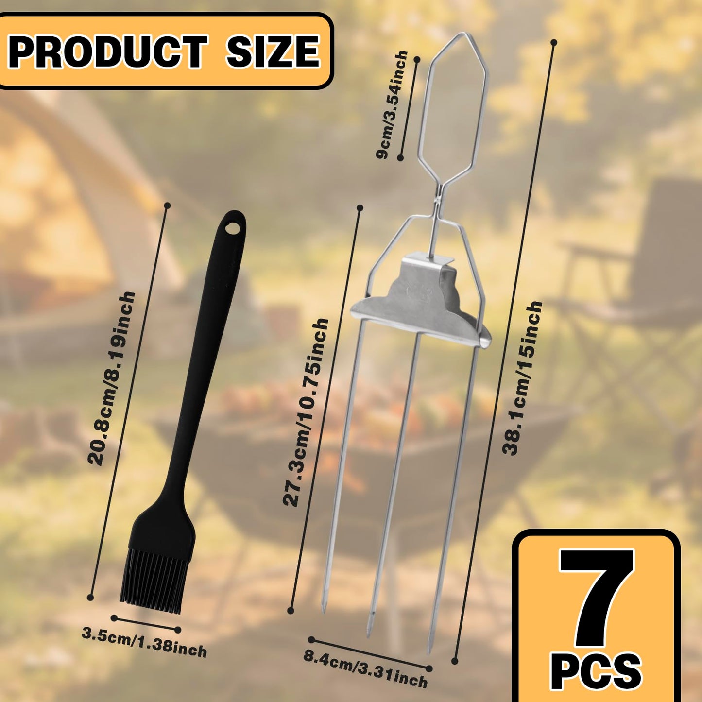 YQGQSUAK 7 Pack 15 Inch 3 Prong Kabob Skewers, Stainless Steel Grill Skewers with Push Slider Bar, Reusable Metal BBQ Sticks for Meat, Chicken, Veggies and Outdoor Cooking