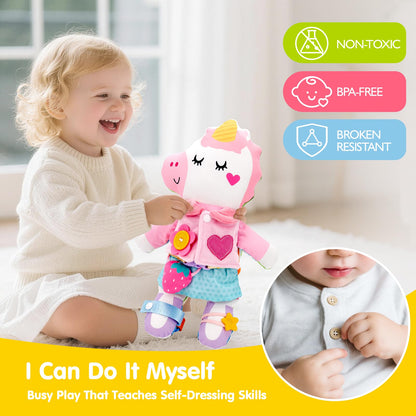 hahaland 2-in-1 Montessori Plush Busy Doll for Toddlers 1-3, Reversible Unicorn & Dinosaur Educational Learn to Dress Doll with 15+ Buckle, Snap & Dressing Skills, Toddler Gifts for 2 Years and Ups